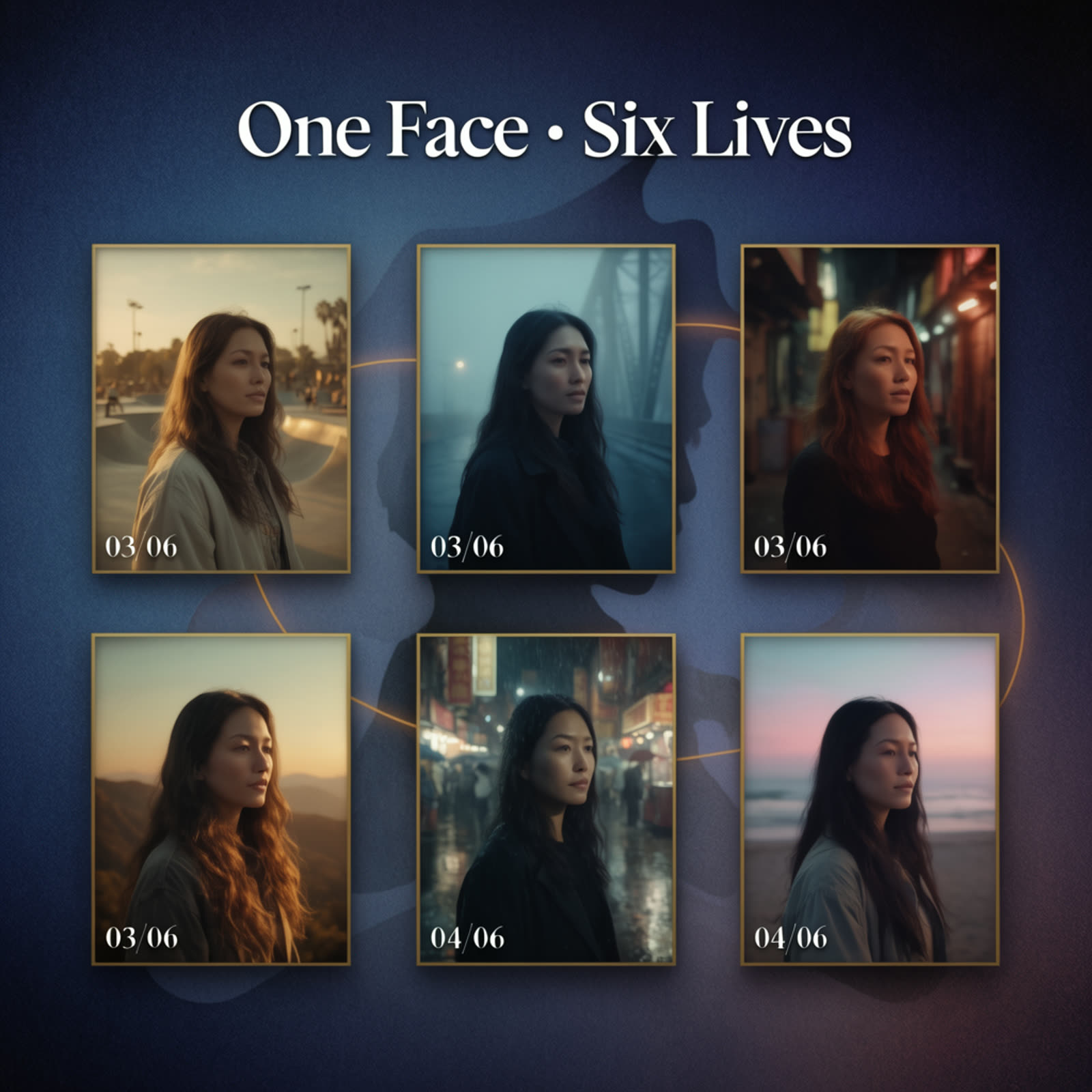 One Face · Six Lives — six cinematic portraits, all of the same person