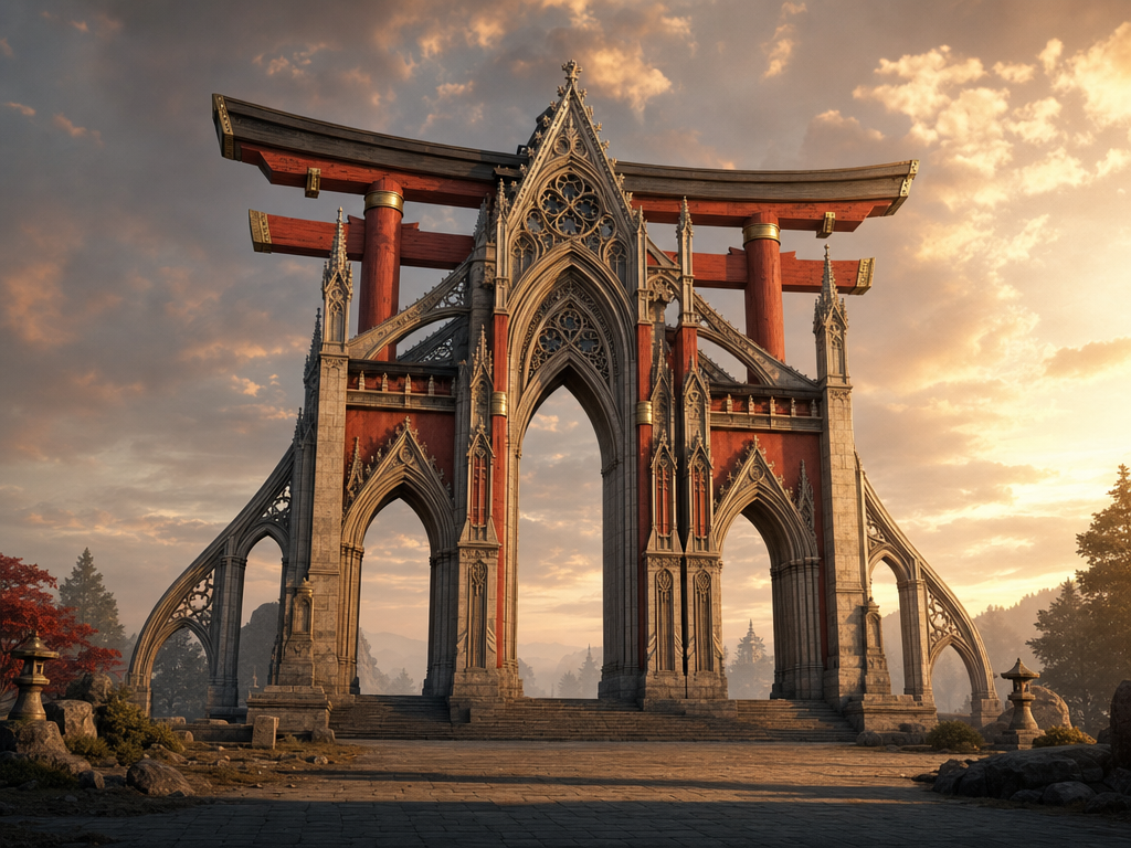 Japanese torii × Gothic cathedral portal tracery