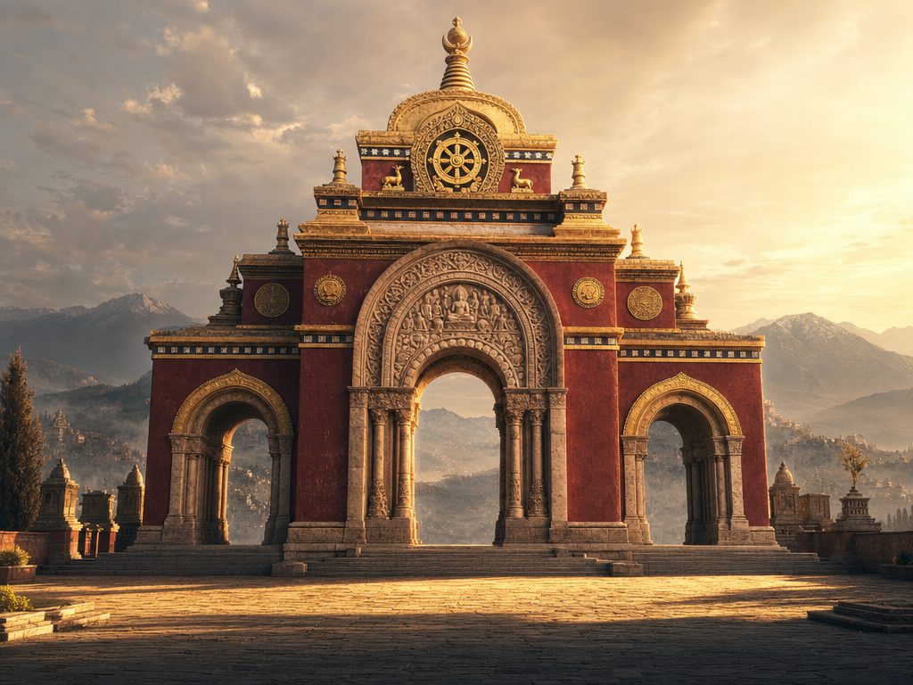 Tibetan stupa × Romanesque carved tympanum